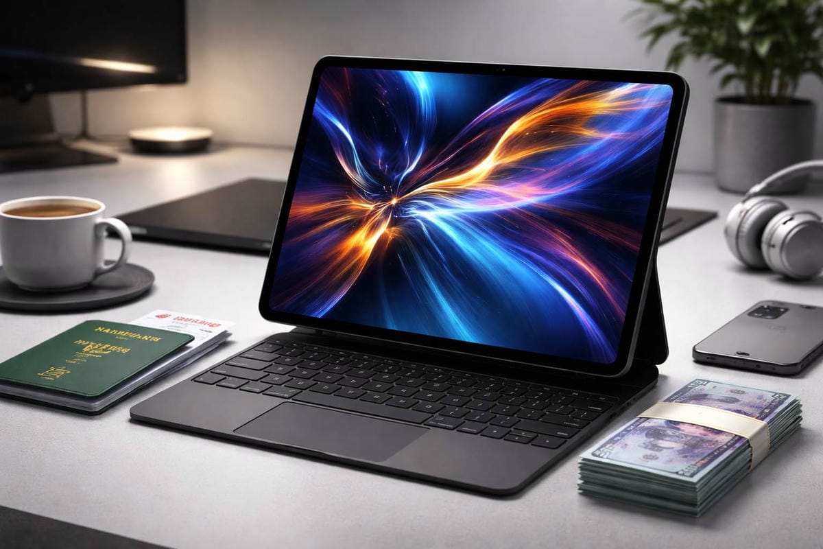 M4 iPad Pro 與護照機票擺在一起象徵旅遊基金